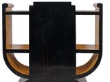 a black and wood shelf with two shelves on top of it
