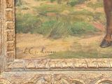 an oil painting of a man with a horse in a field