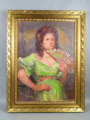 painting of a woman in a green dress holding a fan