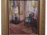 une peinture à l'huile représentant une chaise verte dans une pièce avec une cheminée