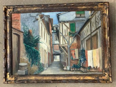 une peinture à l'huile représentant une scène de rue avec un bâtiment en arrière-plan