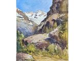 watercolor painting of a mountain scene with trees and mountains in the background