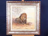 an oil painting of a lion laying down on a wooden easel