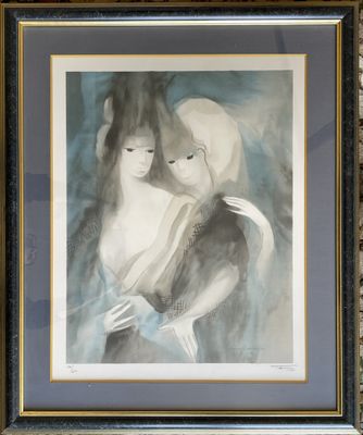 painting of a woman and a cat in a frame on a wall