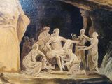 a painting of a group of people in a cave