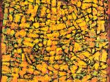une peinture composée de peinture jaune et verte sur une surface marron