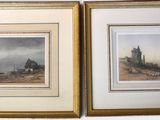two framed paintings of a landscape with a church in the distance and a house in the distance