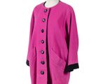 the coat is pink and black and has buttons on it