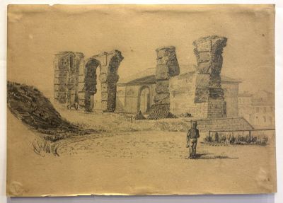 an old drawing of a man standing in front of a building