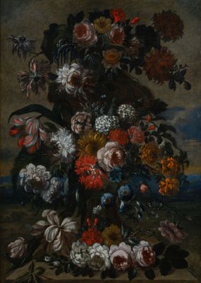 an image of a painting of flowers in a vase on a table