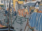 une peinture représentant un bateau dans l'eau avec des personnes à bord