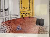 a poster with a picture of a bed and a suitcase on it