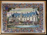 painting of a castle in a frame with a painting of a horse drawn carriage