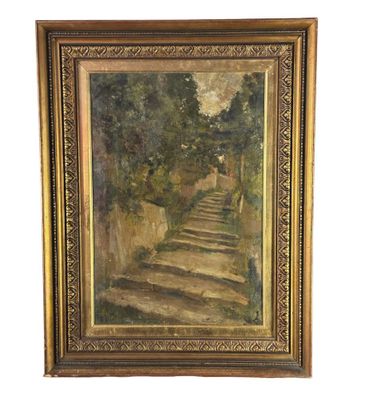 un tableau représentant des marches menant à un jardin arboré