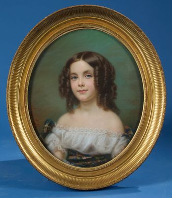 portrait of a young girl in a white dress in a gold frame