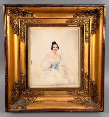 a painting of a woman in a white dress in a gold frame