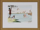 tableau représentant un homme et une femme avec des canards dans l'eau