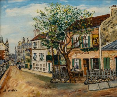a painting of a street scene with buildings and a tree