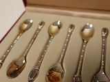 six spoons in a box that are sitting on a table