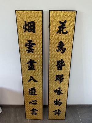 pair of chinese calligraphys on a wall in a bathroom