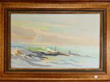 une peinture à l'huile représentant un bateau sur l'eau, dans un cadre en bois