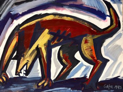 un tableau représentant un chien qui marche sur le sol