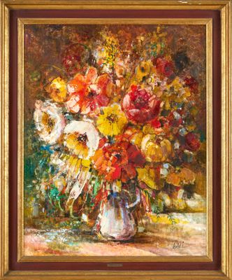 une peinture à l'huile représentant un vase de fleurs sur une table