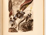 an open book with a drawing of a man on horseback holding a flag
