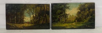 une paire de peintures à l'huile représentant un paysage boisé