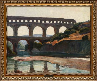 an image of a painting of a bridge over a body of water