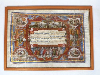 an old manuscript with a picture of a man and a woman on it