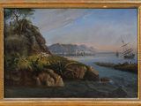 an oil painting of a rocky coast with a ship in the distance