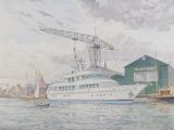 painting of a large white boat in a body of water near a building