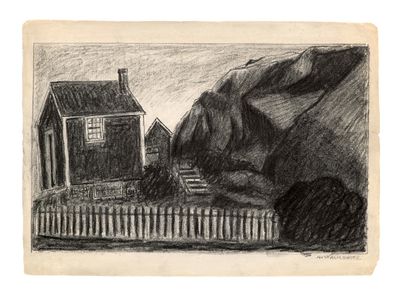 a drawing of a house and a fence with a mountain in the background