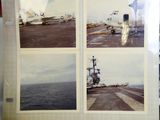 four pictures of a plane on the deck of an aircraft carrier