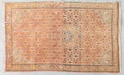 an antique persian rug with a floral design on a beige ground