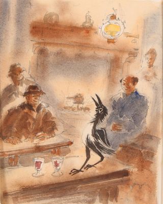 une aquarelle représentant un oiseau perché sur une table