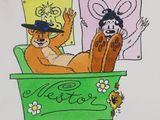 a drawing of a bear in a cart with a hat on