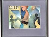 framed painting of a boy and a dog in front of a mirror