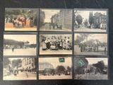 several old black and white photographs of people and buildings