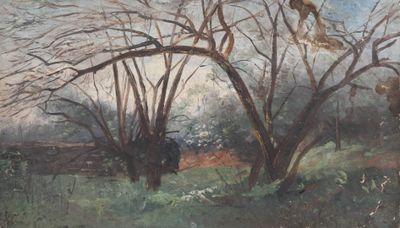 un tableau représentant une vache dans un champ, près d'un arbre