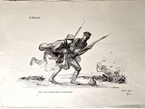un vieux dessin représentant deux hommes armés de fusils et un chien