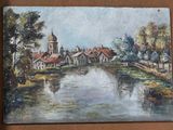 painting of a village by a river with a church in the background
