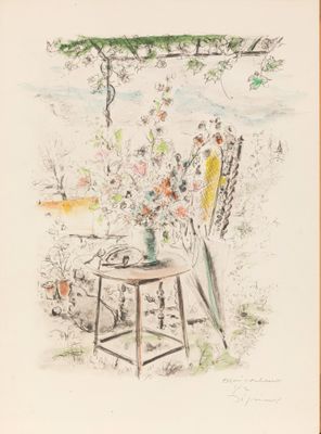 dessin représentant une table sur laquelle se trouvent un vase de fleurs et un oiseau