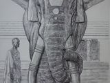 pencil drawing of an elephant standing in the water with a man in the background