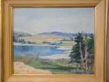 une image représentant un tableau représentant un paysage avec un lac en arrière-plan