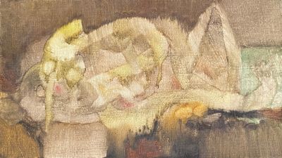 un tableau représentant un chat allongé sur un canapé