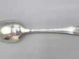 silver plated spoon with a curved handle on a white surface