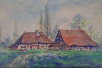 une image représentant un tableau où l'on voit deux maisons dans un champ