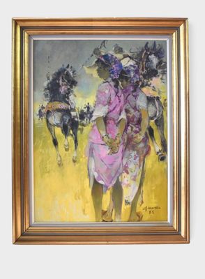 painting of a woman in a pink dress and a man in a purple hat